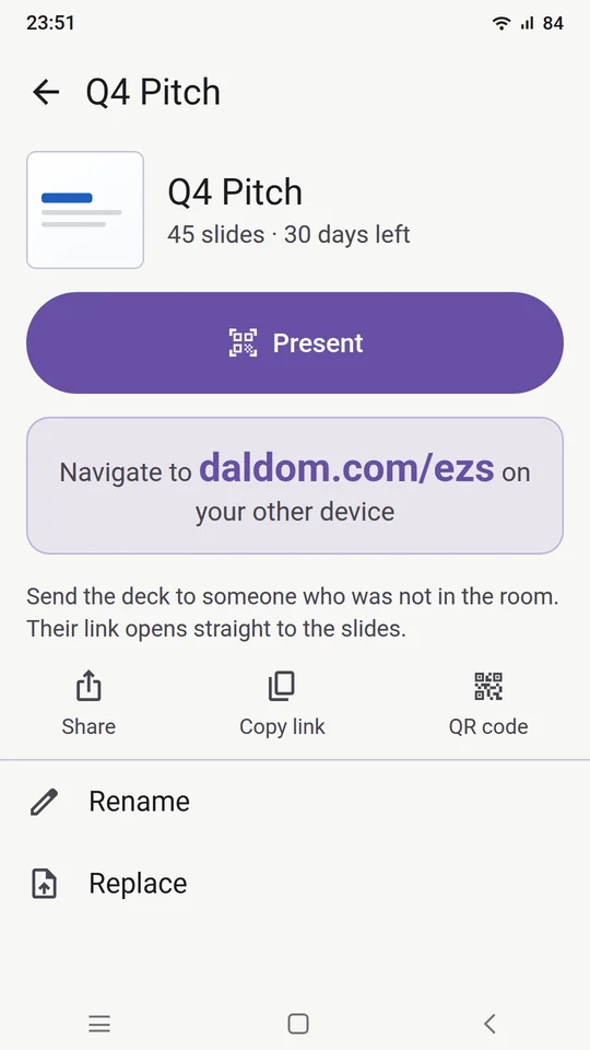 The deck screen in the app: a Present button and the short link to open on the room's screen.